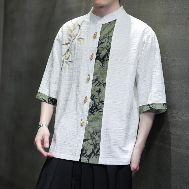 Disc button short sleeve shirt men's Chinese bamboo button bamboo leaf embroidery cotton linen jacquard costume shirt