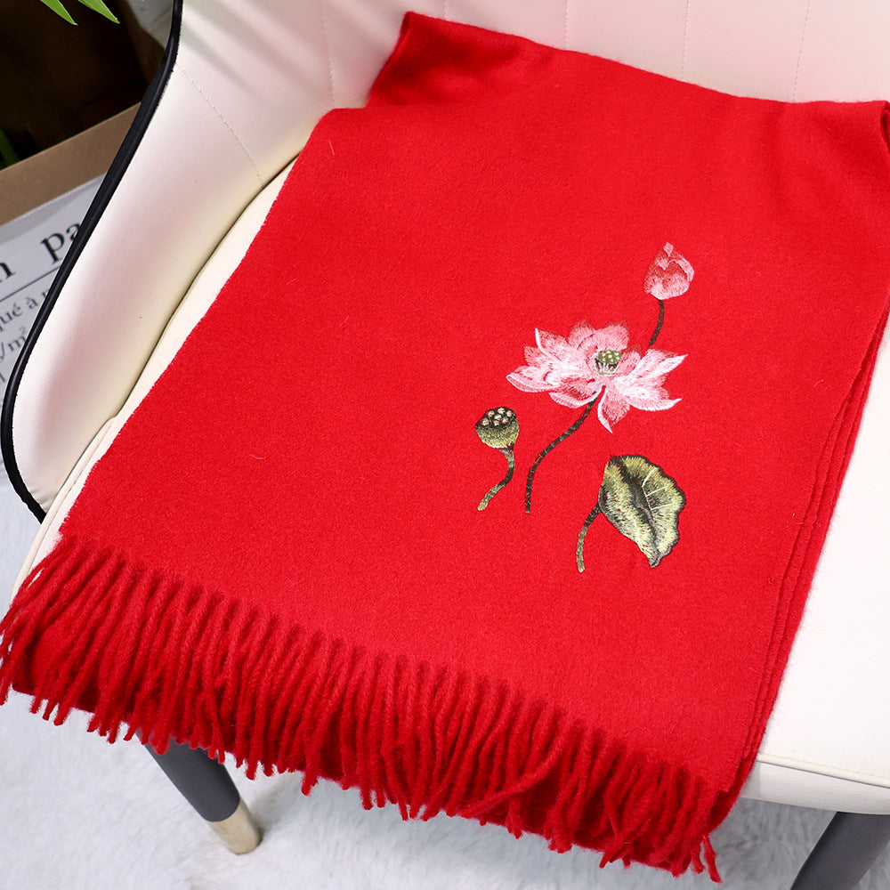 Multiple Styles of National Trend Embroidered Merino Wool Scarves for Women – Red Dragon Year Gift, Autumn and Winter Warmth, Neck Wrap for Mom
