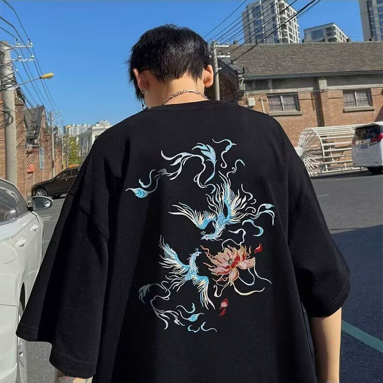 国潮中国风衣服白色纯棉短袖T恤男士宽松大码凤凰潮牌重磅半袖夏