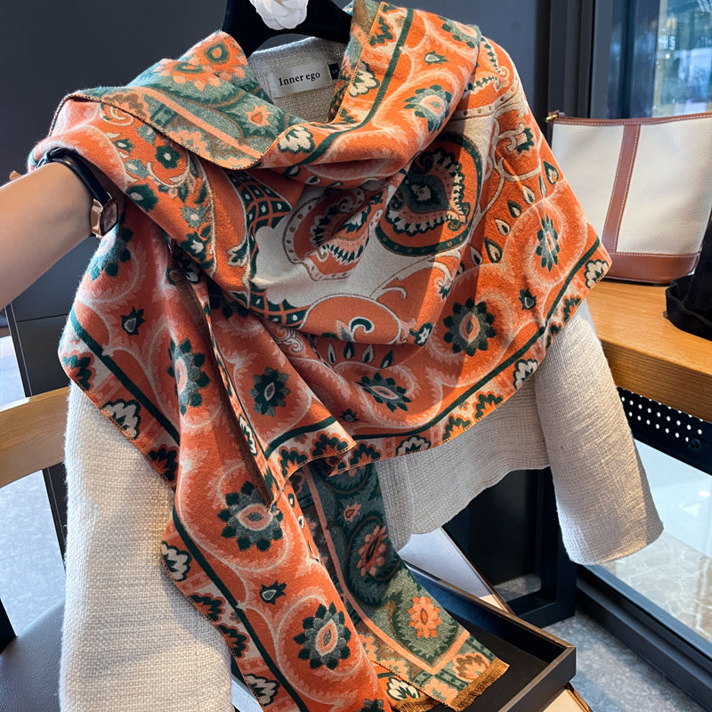 Chal naranja estilo chino retro con estampado de cachemira: bufanda cálida multifuncional para otoño/invierno