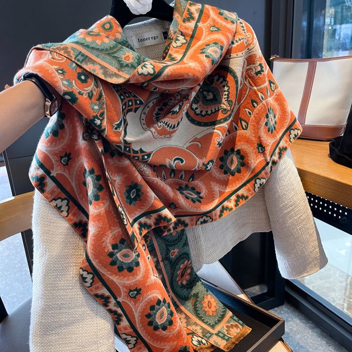 Chal naranja estilo chino retro con estampado de cachemira: bufanda cálida multifuncional para otoño/invierno