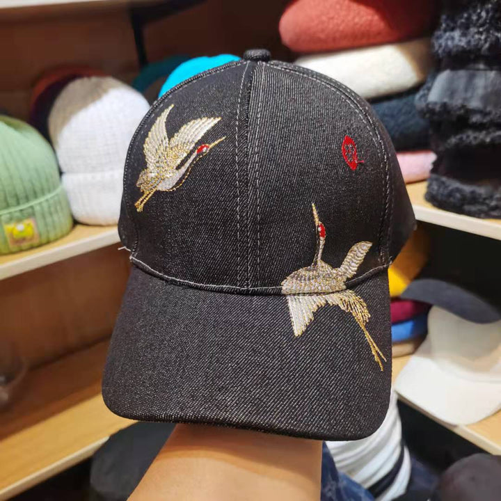 Gorra de béisbol bordada estilo chino para mujer, diseño de grulla, unisex, con visera curva.