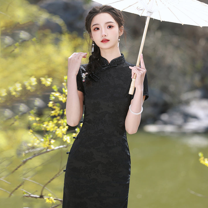 Cheongsam negro de verano mejorado, nuevo, de temperamento delgado, estilo medio y largo, se puede usar en banquetes, vestido estilo Chanel.