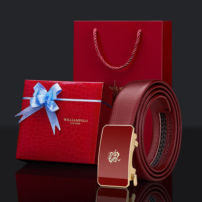 Cinturón de cuero para hombre Paul – Año del Dragón, hebilla automática del zodiaco, cuero genuino, color rojo, nuevo estilo 2024, regalo de boda, venta al por mayor
