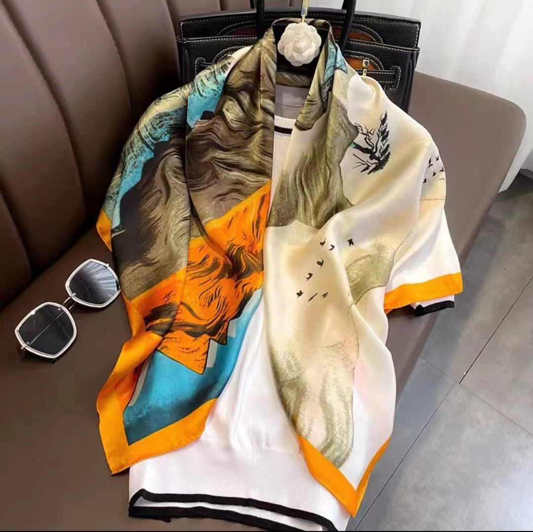 Nuevo regalo de estilo chino para mujer: pañuelo de seda con estampado "Mil millas de ríos y montañas", chal cuadrado grande para el Día de la Madre.