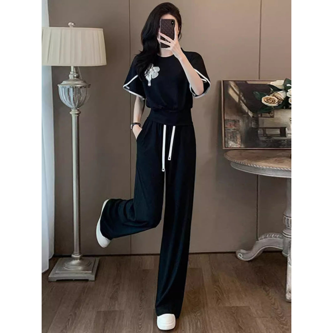 2024 Summer New Collection – Chinese Style Short Sleeve Set for Women, Fashionable & Elegant Casual Sports Set with Wide-Legged Pants, Two-Piece Set
