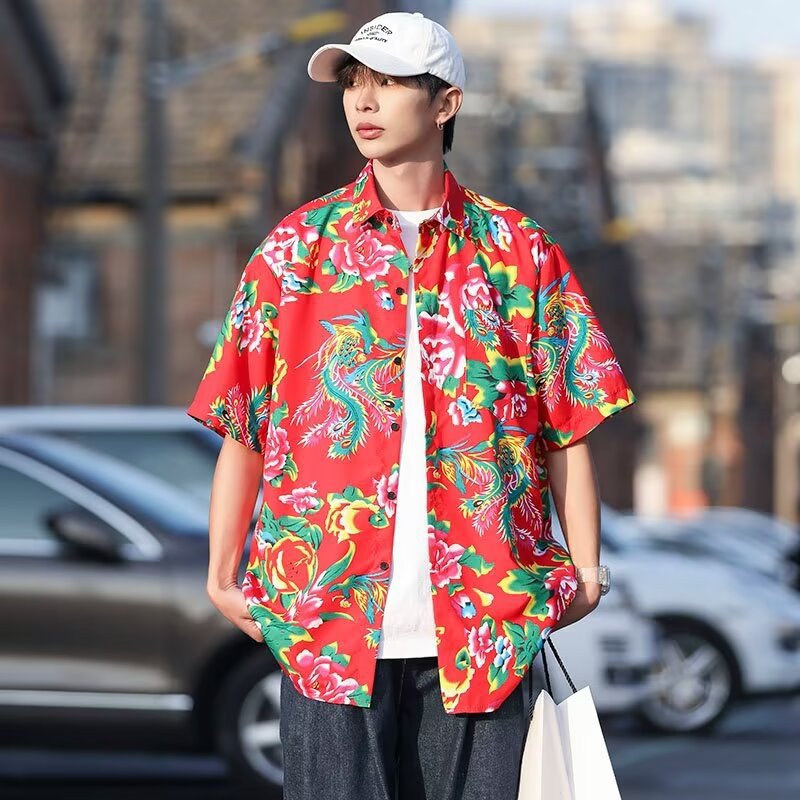 Camisa de manga corta para hombre, tendencia nacional, camisa de flores grandes del noreste, estilo chino, ropa de verano de celebridades de Internet, hermosa camisa de media manga de cinco puntos de pulgadas