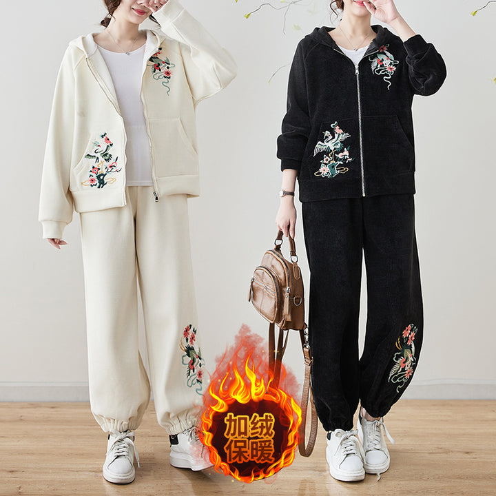 Conjunto étnico invernal de talla grande, de alta calidad y antiedad: sudadera bordada de tendencia nacional y pantalones largos holgados.
