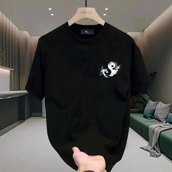 2024 Summer Chinese Tai Chi Fish Men's High-end Cotton Short-sleeved T-shirt American Style Handsome Youth Loose Casual T-shirt