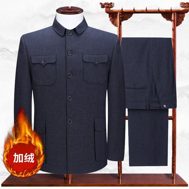 Traje Zhongshan para hombres de mediana edad y mayores, abrigo de una sola pieza, ropa de papá, traje antiguo de abuelo, primavera y otoño para hombres