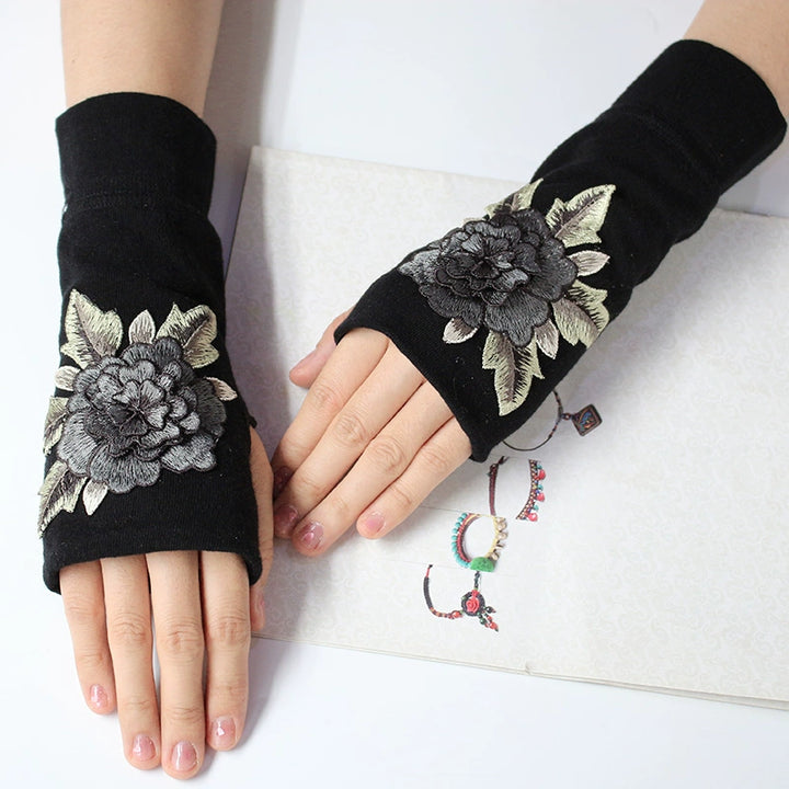 Ethnic Style Half-Finger Gloves for Women, Wrist Guard, Chinese Style Embroidered Half-Finger Gloves, Scar Concealing, Yang Liping Embroidery, Autumn and Winter Warmth, Thickened, Touchscreen Compatible