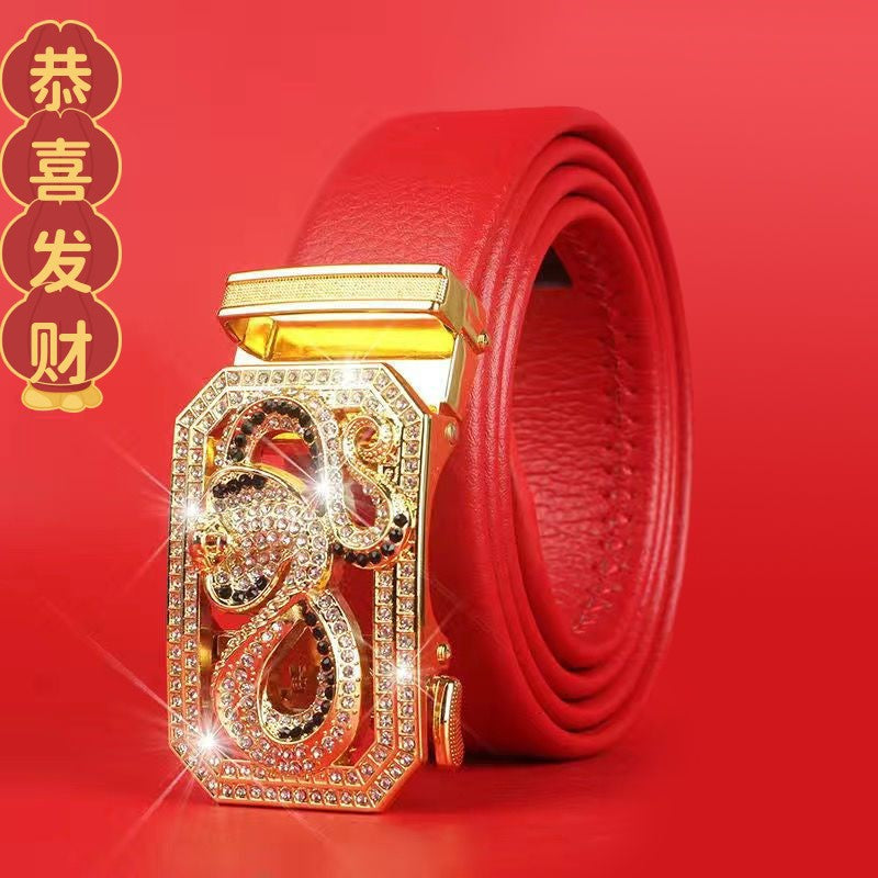 Cinturón del Zodiaco para Hombre: Piel Genuina, Hebilla Automática, Cinturón Rojo para el Año del Zodiaco, Ropa de Negocios e Informal, Regalo de Boda Perfecto