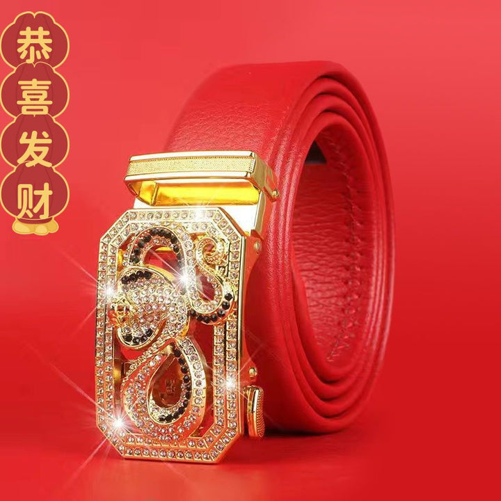 Cinturón del Zodiaco para Hombre: Piel Genuina, Hebilla Automática, Cinturón Rojo para el Año del Zodiaco, Ropa de Negocios e Informal, Regalo de Boda Perfecto