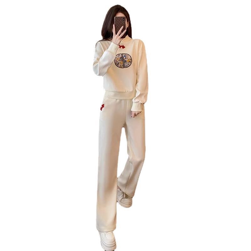 2024 Spring New Retro Chinese Style Sportswear Set for Women – Stylish & Youthful Hoodie & Wide-Legged Pants Two-Piece Set