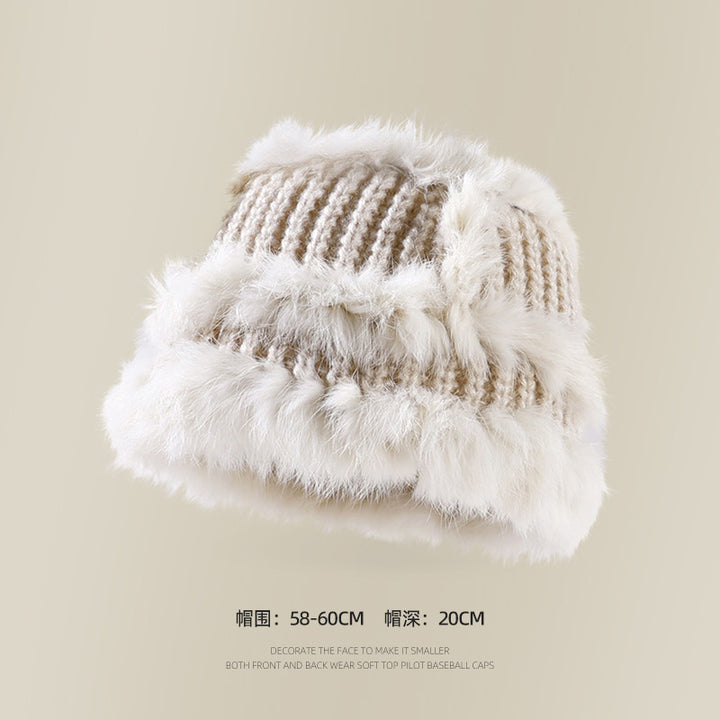 Gorro de pescador de punto de piel de conejo para mujer: protección auditiva para otoño e invierno, hilo de punto cálido, gorro de felpa con cabeza de león de tendencia nacional.