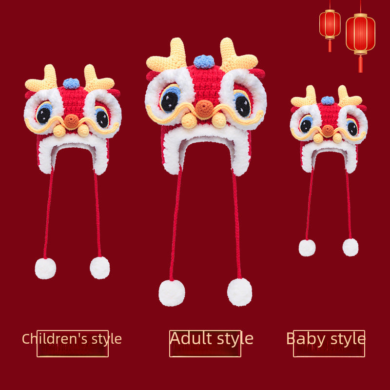 2024 Year of the Dragon Red Chinese Knit Tiger and Dragon Head Hat – Baby's Festive New Year Lion Head Hood