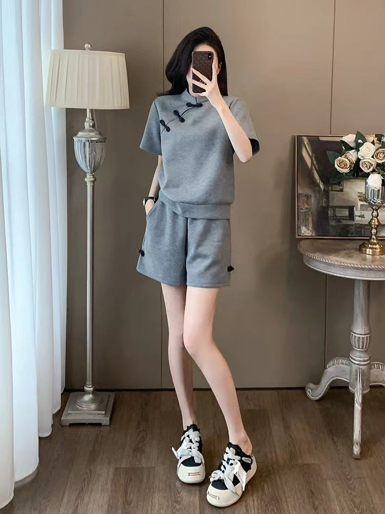2024 Summer New Trendy Chinese Style Sports Set for Women – Stylish Button-Closure Top and Shorts Two-Piece Set