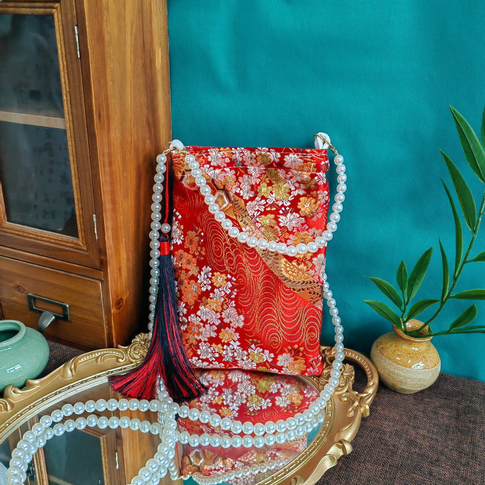 Bolso con borlas estilo chino: diseño cuadrado vertical con perlas para hanfu y cheongsam