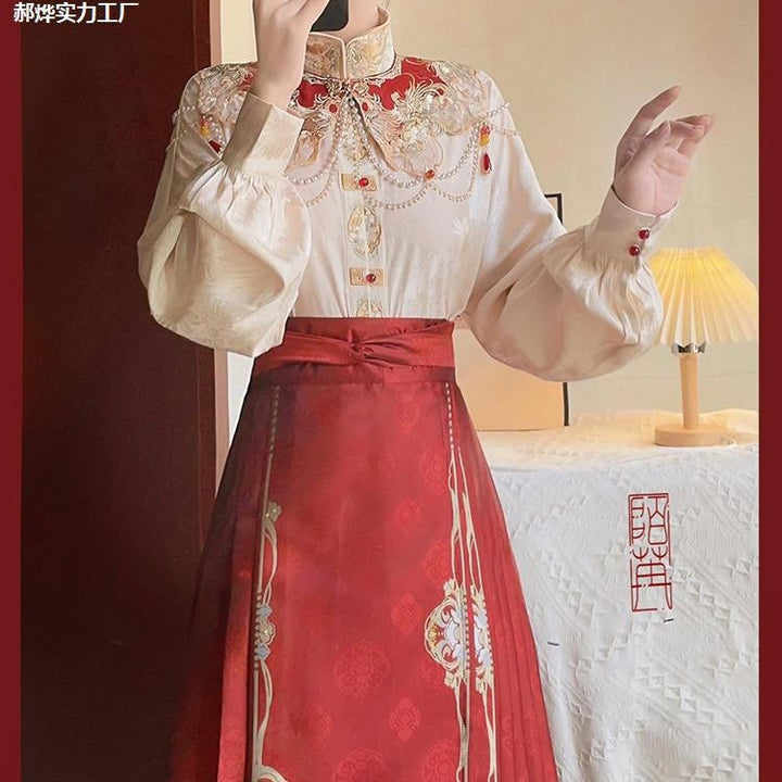 Traje de boda Hanfu chino | Conjunto de top bordado + falda Ma Mian + hombros Yun