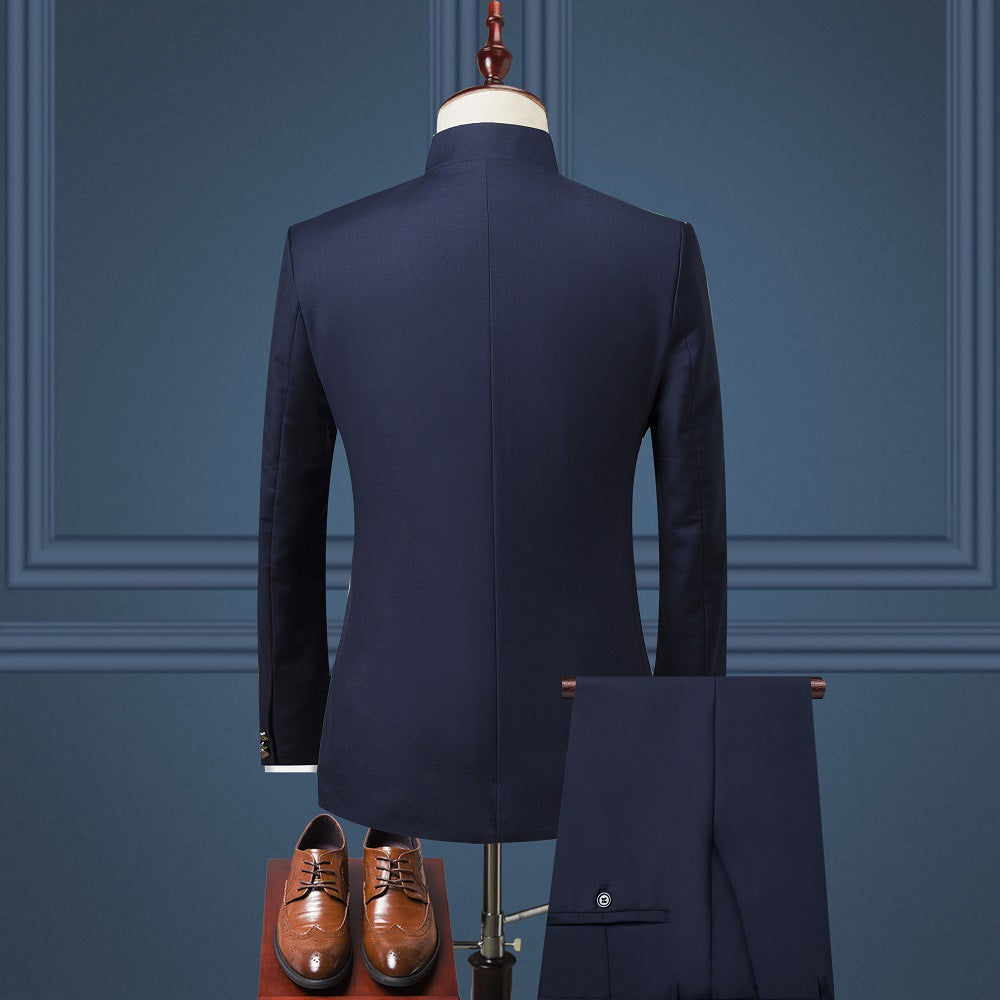 Traje clásico Zhongshan, chaqueta y pantalón, traje de dos piezas, estilo retro, pecho abierto, doble tenedor, botón dorado, traje de comercio exterior para hombre, venta al por mayor
