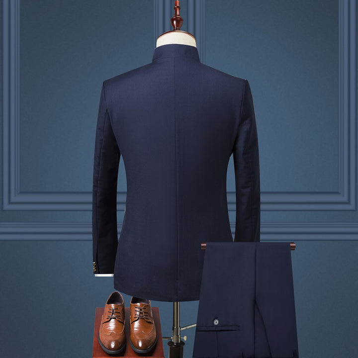 Traje clásico Zhongshan, chaqueta y pantalón, traje de dos piezas, estilo retro, pecho abierto, doble tenedor, botón dorado, traje de comercio exterior para hombre, venta al por mayor