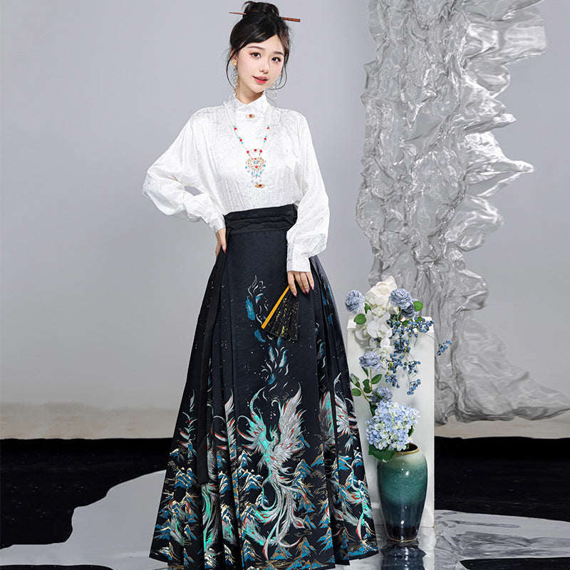 Qing Fenghuang Chinese Mamen Skirt Set | Modernized Hanfu with Gold-Weave Floral Design