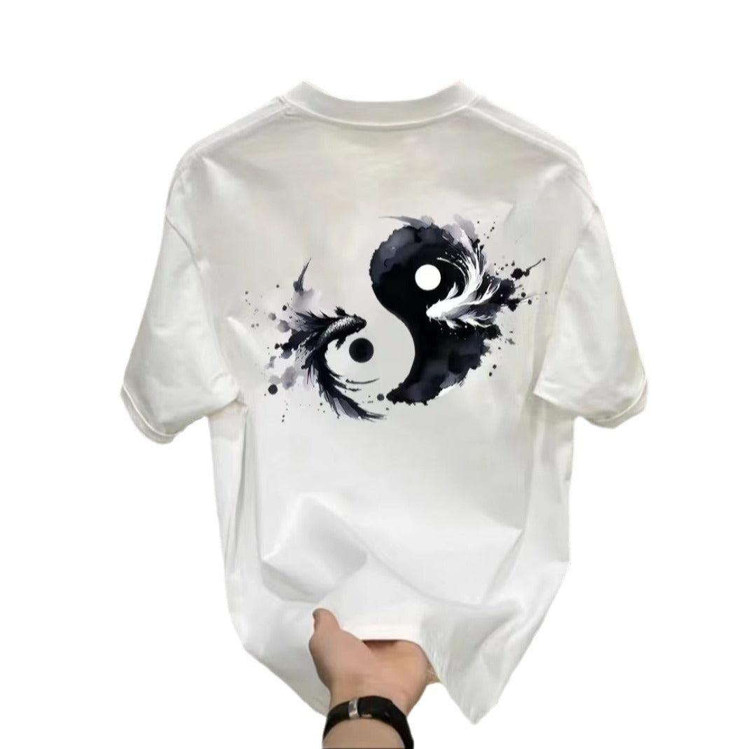 2024 Summer Chinese Tai Chi Fish Men's High-end Cotton Short-sleeved T-shirt American Style Handsome Youth Loose Casual T-shirt