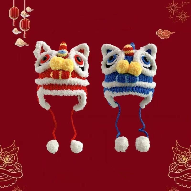 Gorro de cabeza de tigre para padres e hijos, tejido a mano, estilo chino. Tendencia nacional. Bonito gorro de punto cálido para la danza del león en invierno. Gorro del despertar del león.