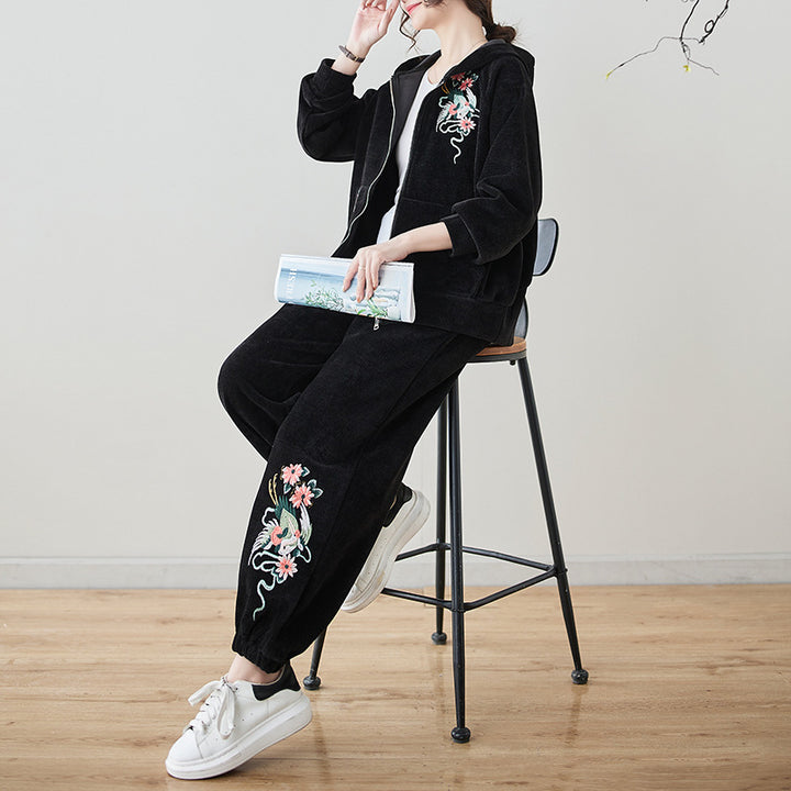 Conjunto étnico invernal de talla grande, de alta calidad y antiedad: sudadera bordada de tendencia nacional y pantalones largos holgados.