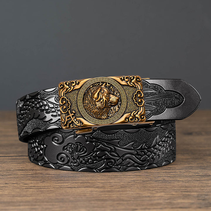 Nueva oferta: Cinturón con hebilla automática del zodiaco y grabado de dragón, de piel de vacuno de doble capa, moderno, informal y con un diseño atrevido.