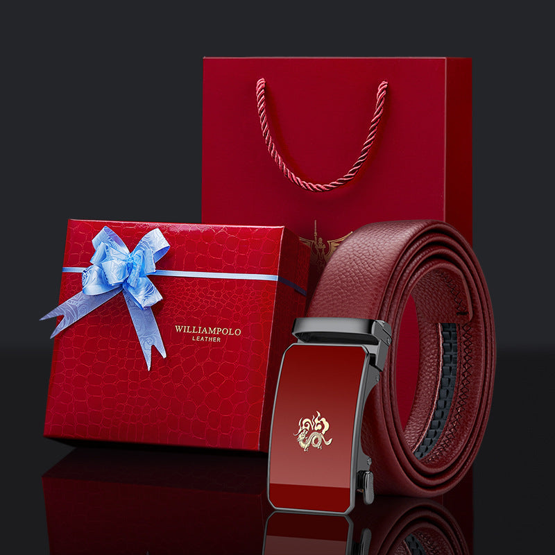 Cinturón de cuero para hombre Paul – Año del Dragón, hebilla automática del zodiaco, cuero genuino, color rojo, nuevo estilo 2024, regalo de boda, venta al por mayor