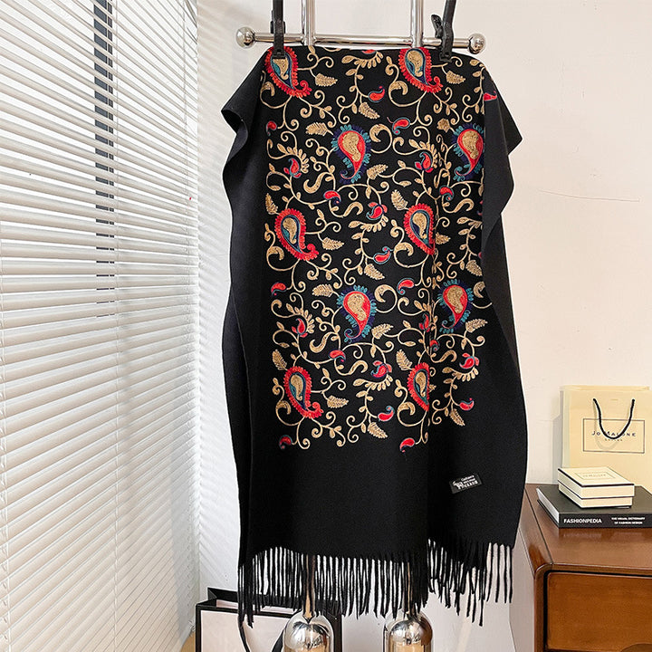 Bufanda cálida de cachemira sintética para mujer, estilo étnico, bordada con flores de cintura y enredadera, para otoño/invierno. Chal de viaje.
