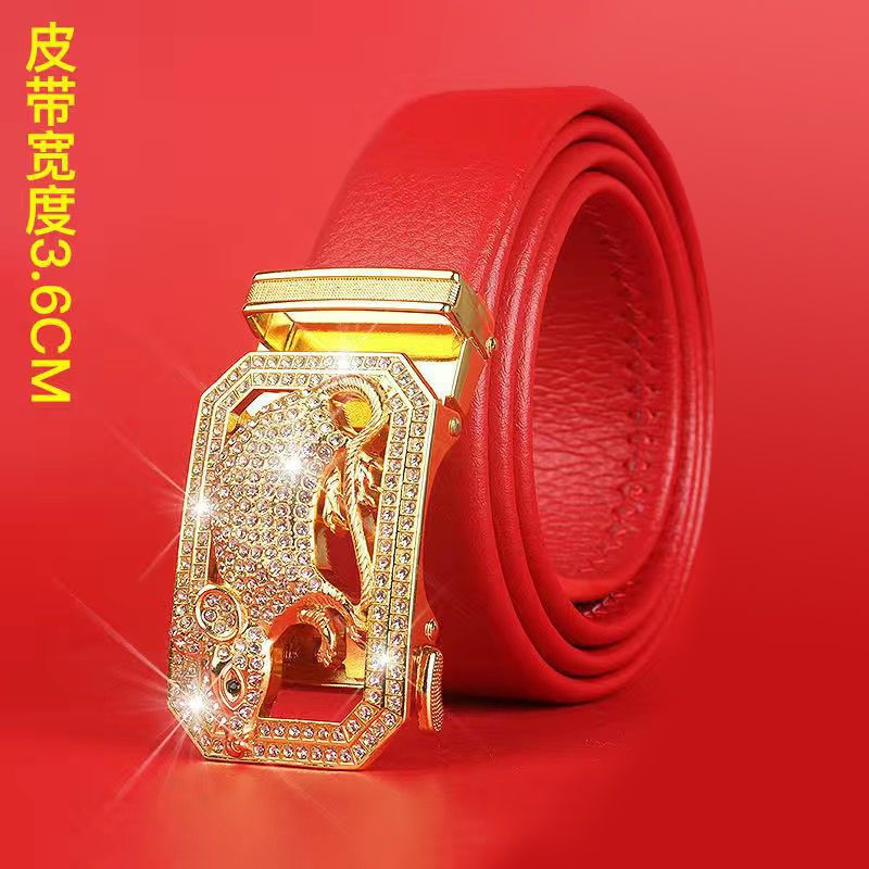 Cinturón del Zodiaco para Hombre: Piel Genuina, Hebilla Automática, Cinturón Rojo para el Año del Zodiaco, Ropa de Negocios e Informal, Regalo de Boda Perfecto