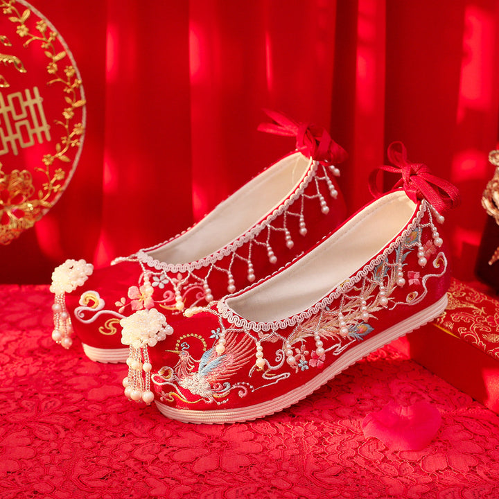 2024 Spring New Beaded Xiuhe Wedding Shoes – Tassel Embroidered Ancient Style Hanfu Bridal Shoes