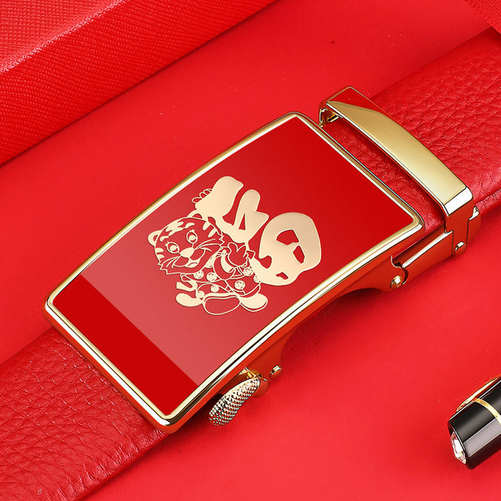 Cinturón de hombre del Emperador Pablo: Cinturón de piel de vacuno de primera calidad, rojo de la suerte para el Año Nuevo Chino, cinturón que atrae la riqueza.