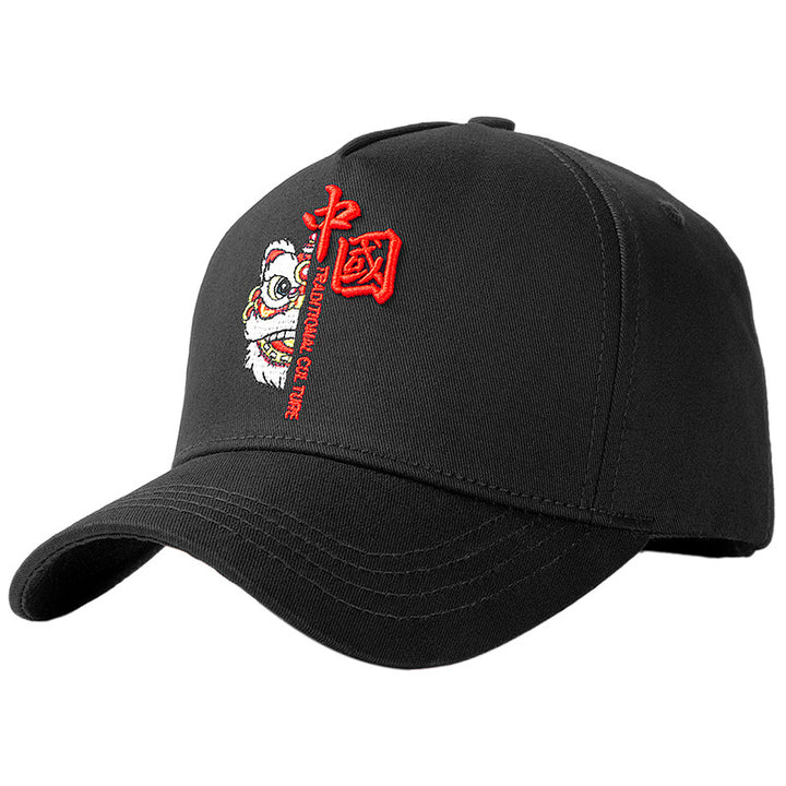 Gorra de hombre de copa alta: tendencia nacional de otoño e invierno, nueva gorra de béisbol rígida para cabezas grandes, gorra plana con cabeza de león estilo chino para primavera y verano.