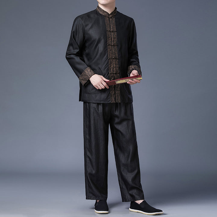 Chaqueta de seda Xiangyun Tang para hombre | Chaqueta tradicional china de manga larga para primavera y otoño | Prendas de abrigo de seda de estilo chino de mediana edad