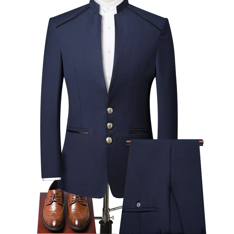 Traje clásico Zhongshan, chaqueta y pantalón, traje de dos piezas, estilo retro, pecho abierto, doble tenedor, botón dorado, traje de comercio exterior para hombre, venta al por mayor