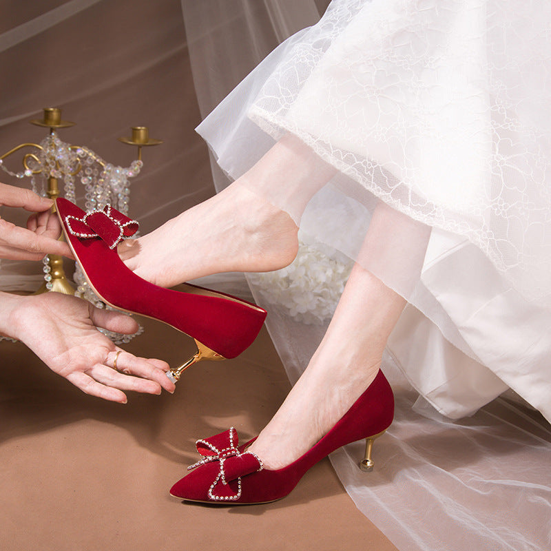 Zapatos de boda Xiuhe estilo chino para mujer 2025, zapatos de boda color vino, tacones altos que no cansan los pies, vestido de novia Xiuhe, zapatos de novia bidireccionales