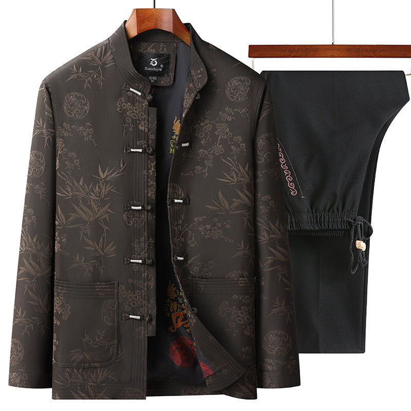 Traje Tang para hombre de otoño e invierno | Chaqueta de algodón para abuelos mayores | Abrigo polar grueso retro | Conjunto Hanfu para papá
