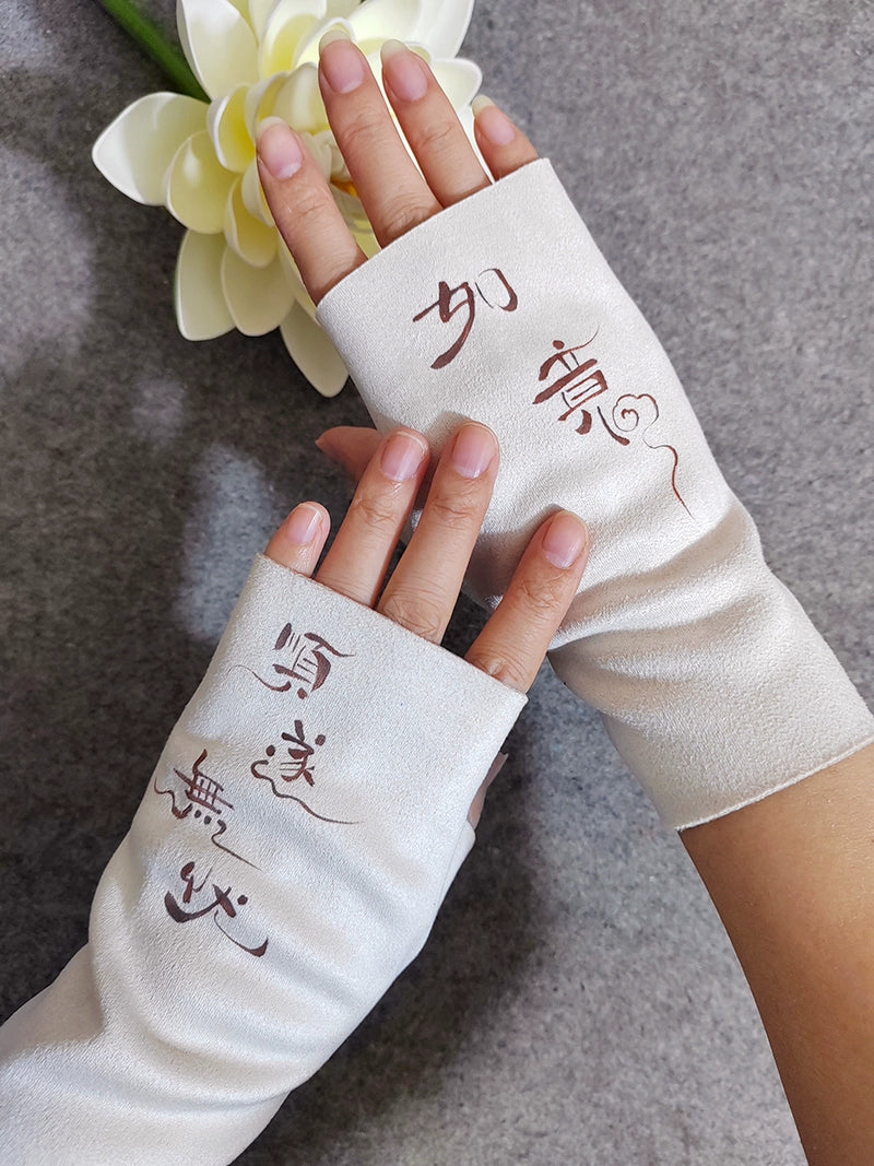 Guantes de ciclismo Tingcheng originales de medio dedo con forro de terciopelo y piel de ciervo pintados a mano, de estilo chino, para otoño e invierno, para estudiantes.