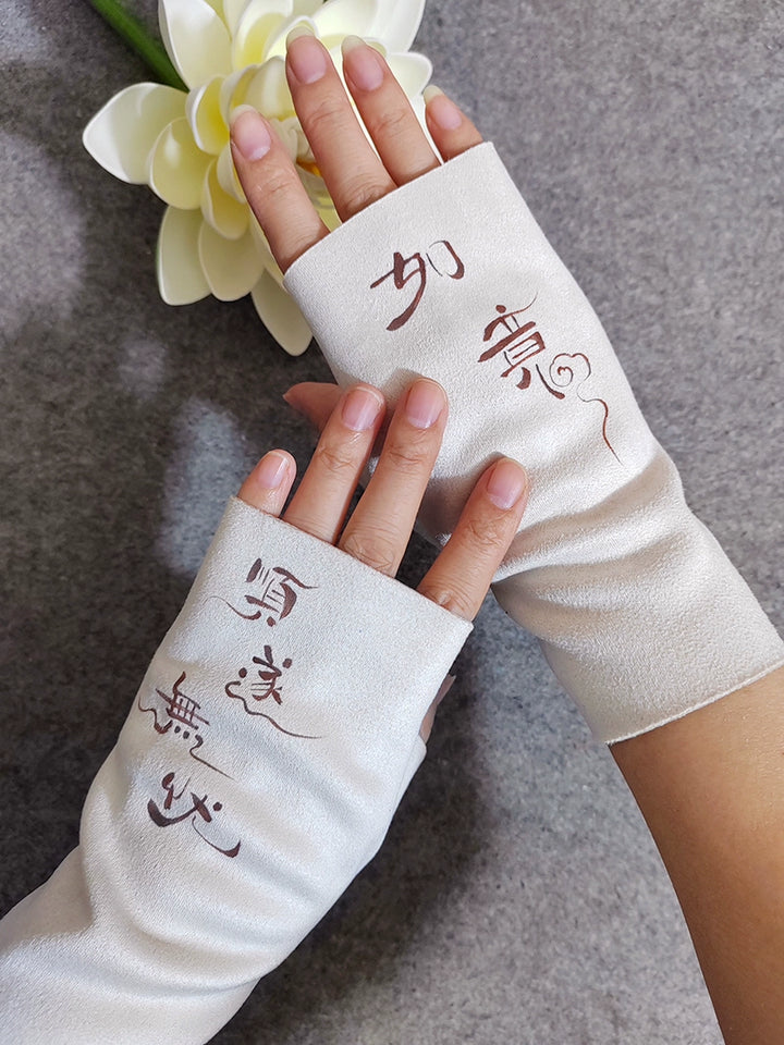 Guantes de ciclismo Tingcheng originales de medio dedo con forro de terciopelo y piel de ciervo pintados a mano, de estilo chino, para otoño e invierno, para estudiantes.