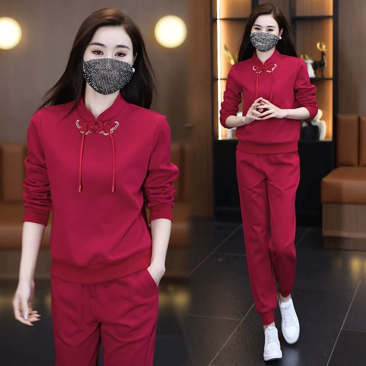 Conjunto deportivo informal de estilo oriental para mujer: primavera y otoño. Conjunto de dos piezas con capucha anudada y pantalón con dobladillo, juvenil y antiedad, de estilo chino.