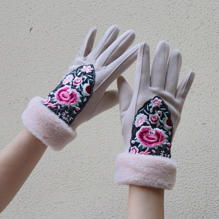 Guantes para pantalla táctil bordados de estilo étnico de Yunnan: calidez invernal con forro polar