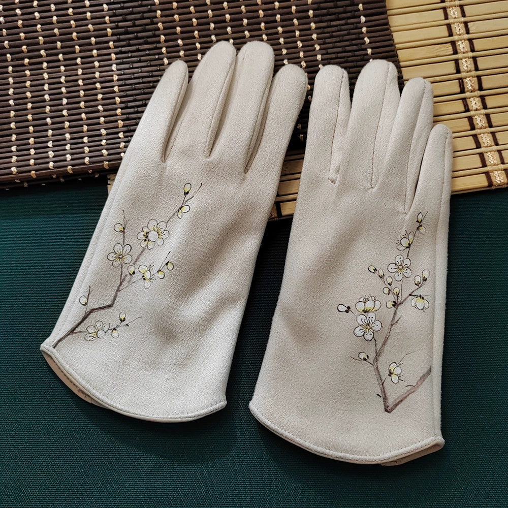 Qingcheng Original Hand-Painted Deerskin Velvet Lined Fingerless Warm Gloves, Autumn and Winter Artistic Collegiate Style, Chinese Style, Full-Finger Gloves