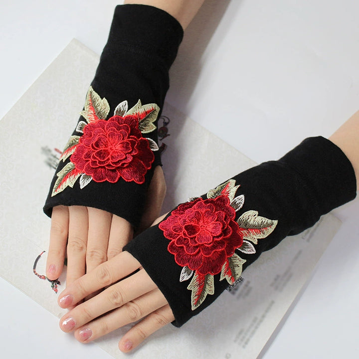 Ethnic Style Half-Finger Gloves for Women, Wrist Guard, Chinese Style Embroidered Half-Finger Gloves, Scar Concealing, Yang Liping Embroidery, Autumn and Winter Warmth, Thickened, Touchscreen Compatible