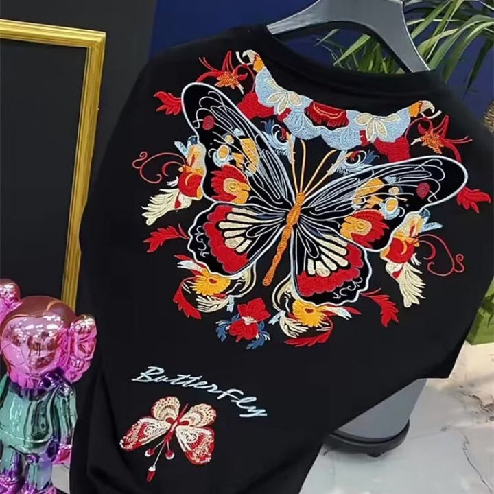 Camiseta de manga corta con estampado pesado para hombre, nueva tendencia de verano, estilo étnico nacional, bordado, manga corta, combina con todo, parte inferior blanca