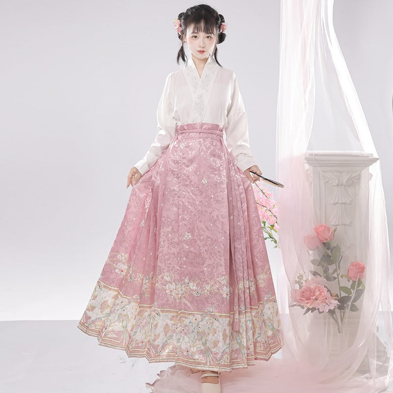 Traje de falda con cara de caballo estilo chino con mangas de avión y cuello cruzado bordado de la dinastía Ming para mujer de Hanfu original, ajustado para uso diario
