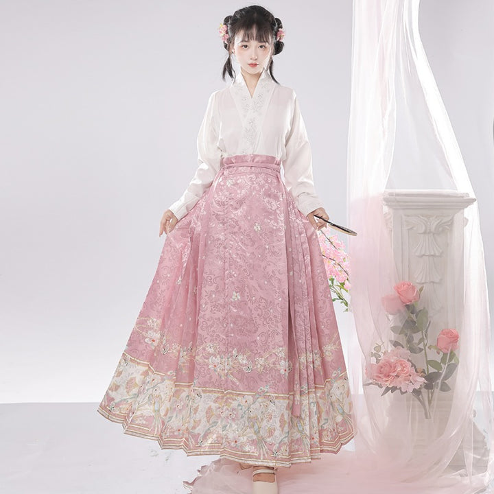 Traje de falda con cara de caballo estilo chino con mangas de avión y cuello cruzado bordado de la dinastía Ming para mujer de Hanfu original, ajustado para uso diario