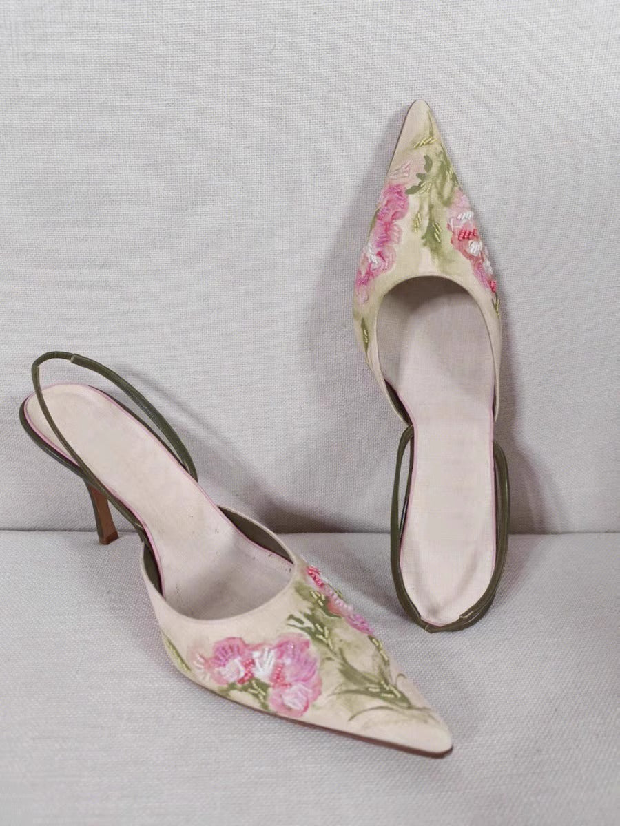 Sandalias de tacón alto con punta bordada y punta estrecha para mujer, zapatos sencillos de estilo chino con boca poco profunda y punta cerrada, para verano de 2024
